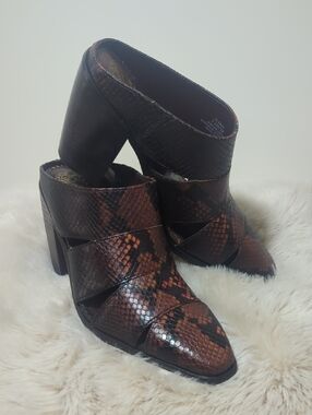 Vince Camuto Black and Red Snake Print Mules